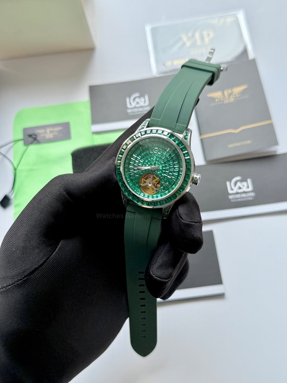 Pindu 5037 Green/Green Silicon LeatherDiamonds Hand Encrusted Diamond Automatic Tourbillon Watch for Men | Luxury Mechanical Watch | 43mm Stainless Steel Case
