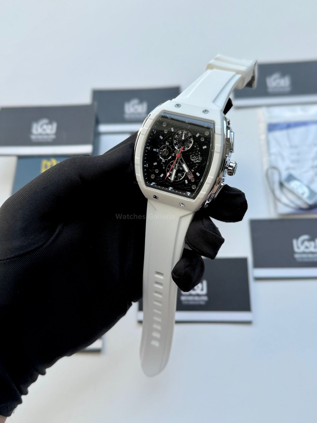 LIGE LG89148 White Tonneau Chronograph Watch in Pakistan – Luxury Men’s Quartz Watch with Silicon Strap