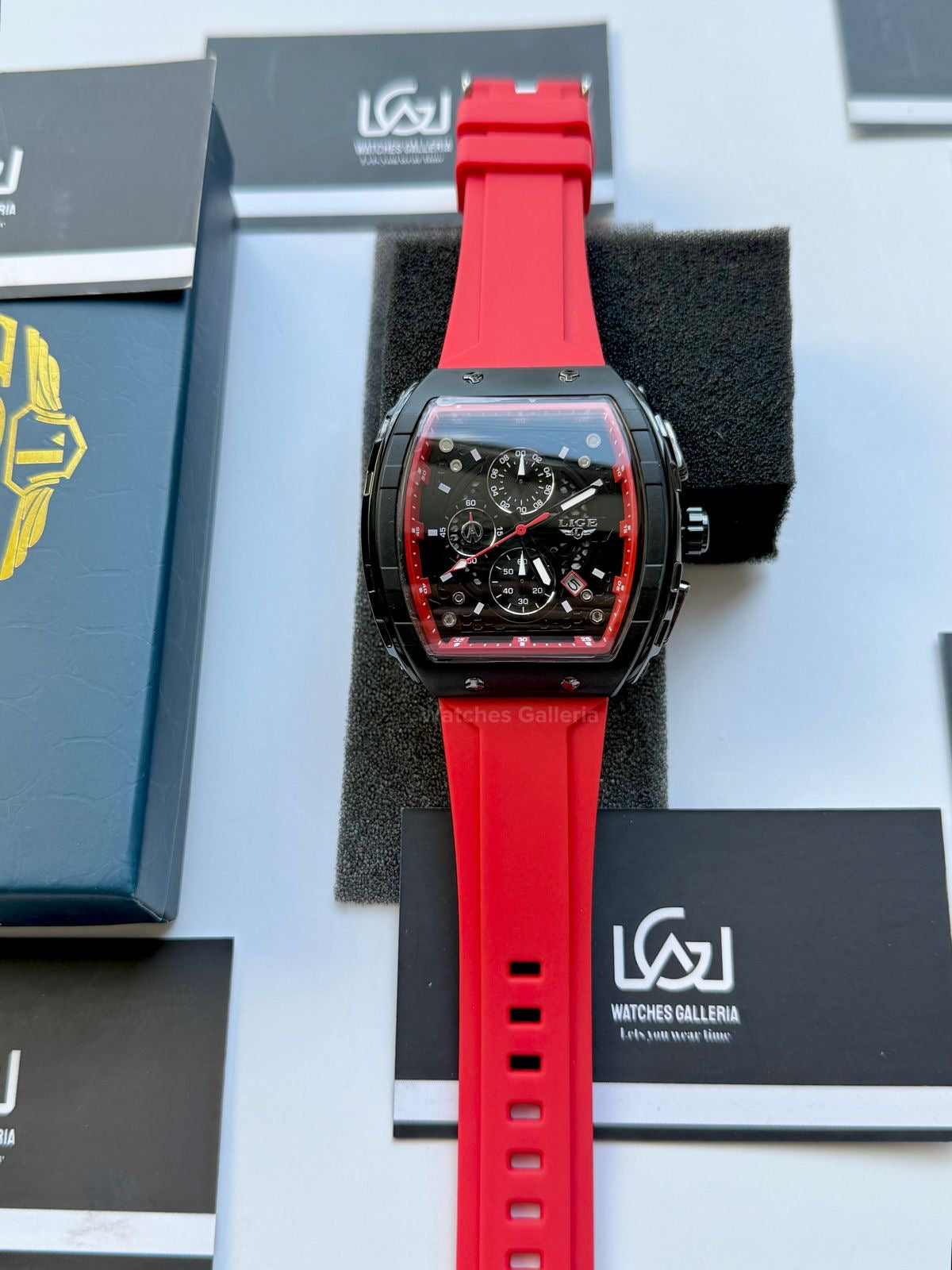 LIGE LG89148 Red Tonneau Chronograph Watch in Pakistan – Luxury Men’s Quartz Watch with Silicon Strap