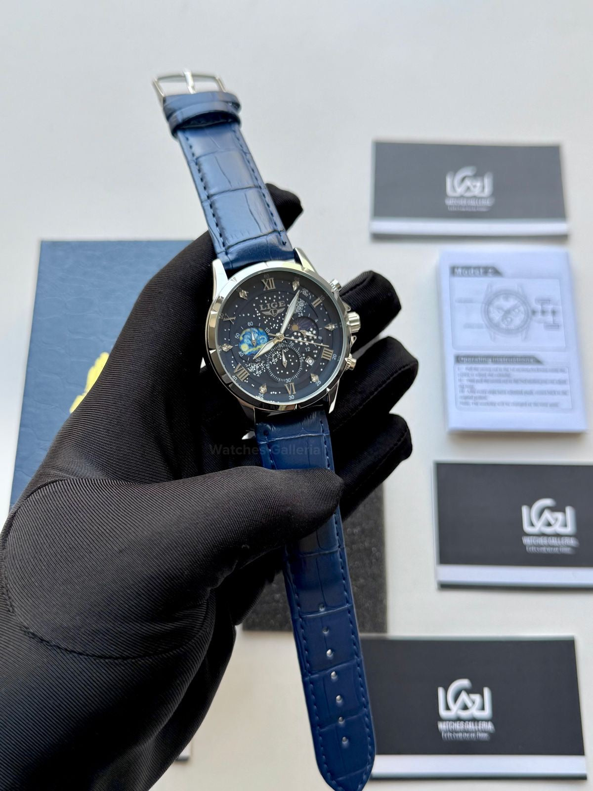 Lige Watch LG89107 Moonphase Chronograph (Blue/Silver) Lige Watch in Pakistan