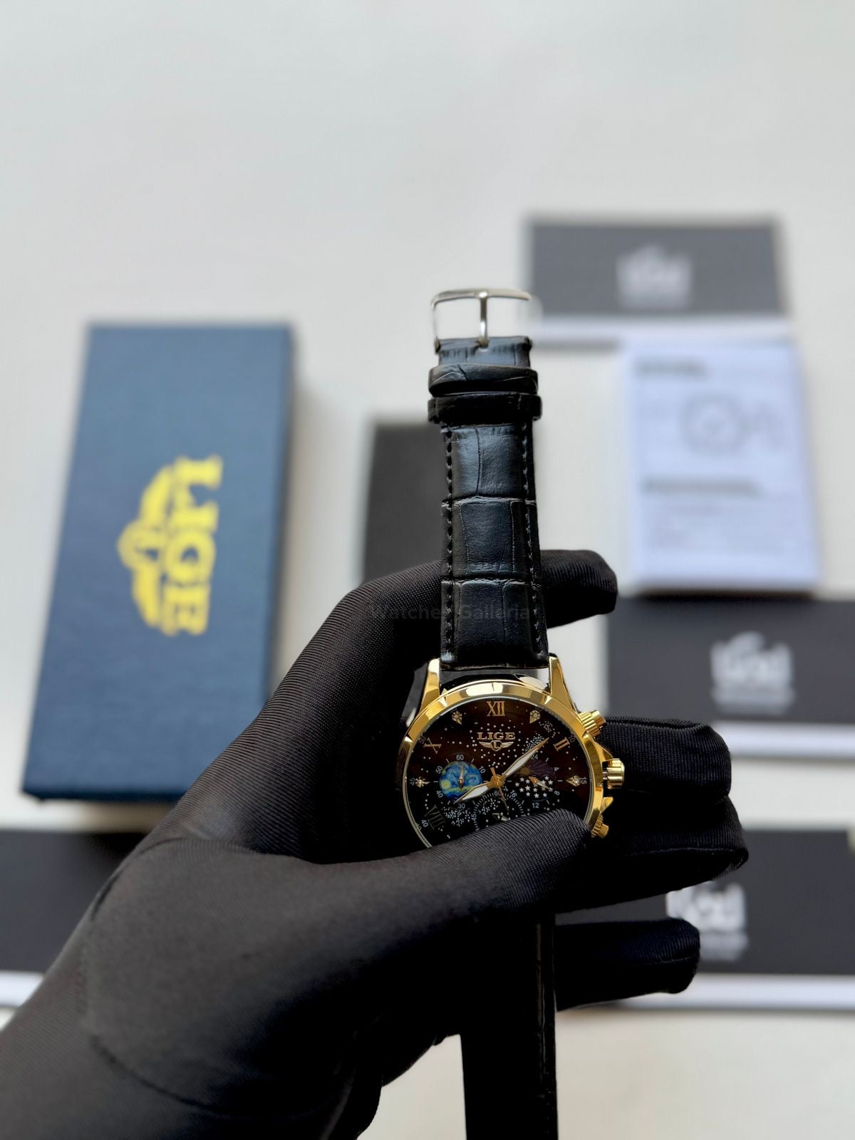 Lige Watch LG89107 Moonphase Chronograph (Black/Gold) Lige Watch in Pakistan