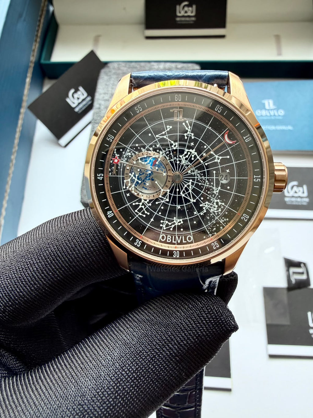 OBLVLO GC (Blue Rose Gold Black) Grand Complications Celestial Automatic Watch Brown & Black Dial with Rose Gold Details, Moving Constellation & Earth Display – OBLVLOGC | Oblvlo