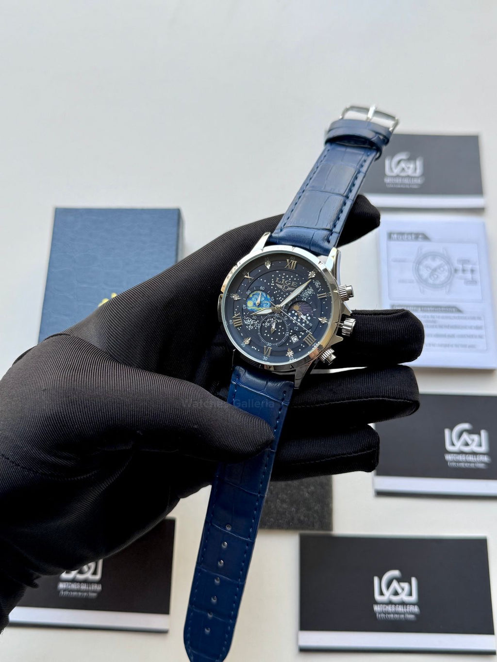 Lige Watch LG89107 Moonphase Chronograph (Blue/Silver) Lige Watch in Pakistan