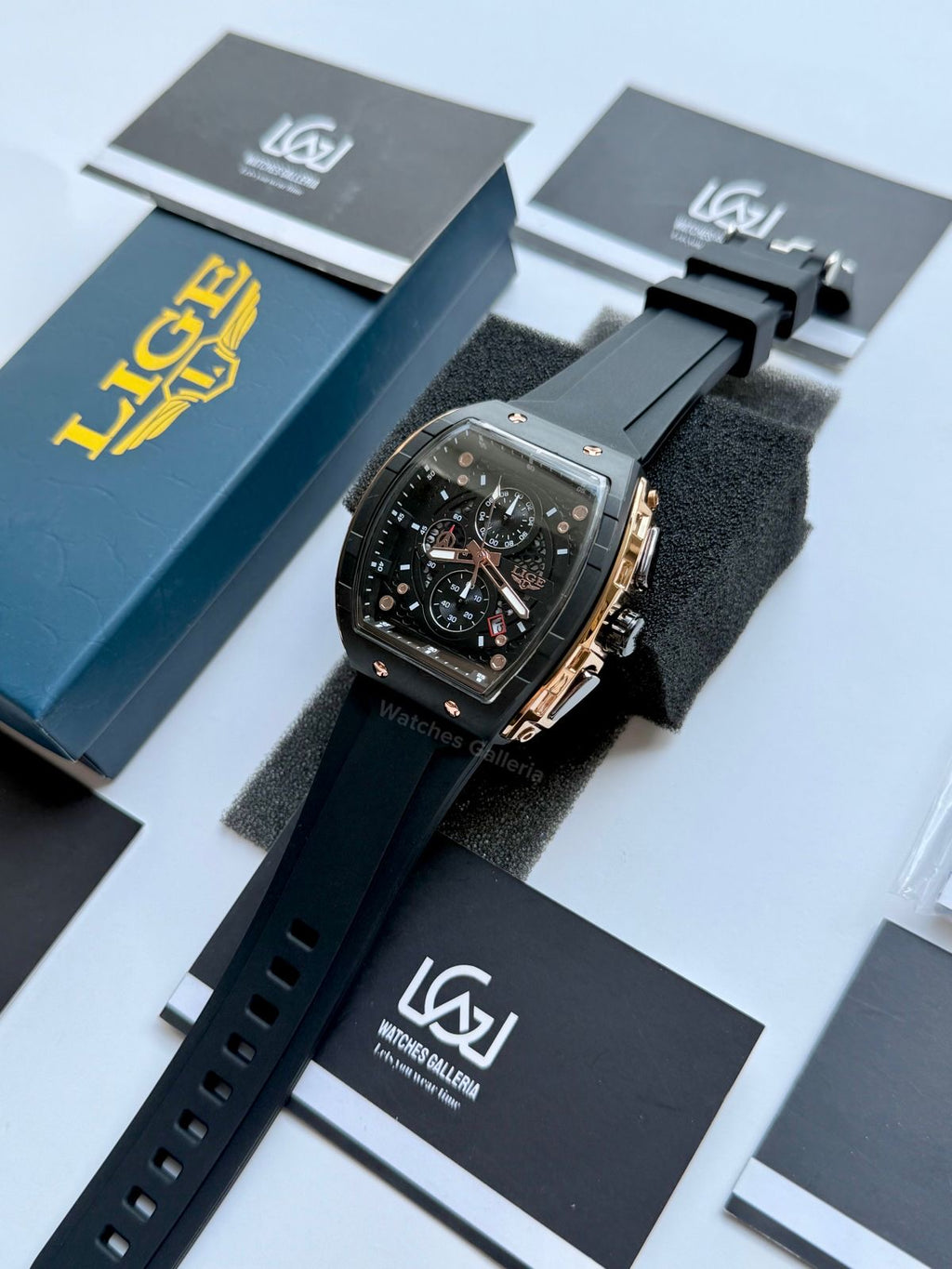 LIGE LG89148 Tonneau Chronograph Watch in Pakistan – Black Rose Gold Luxury Men’s Quartz Watch with Silicon Strap