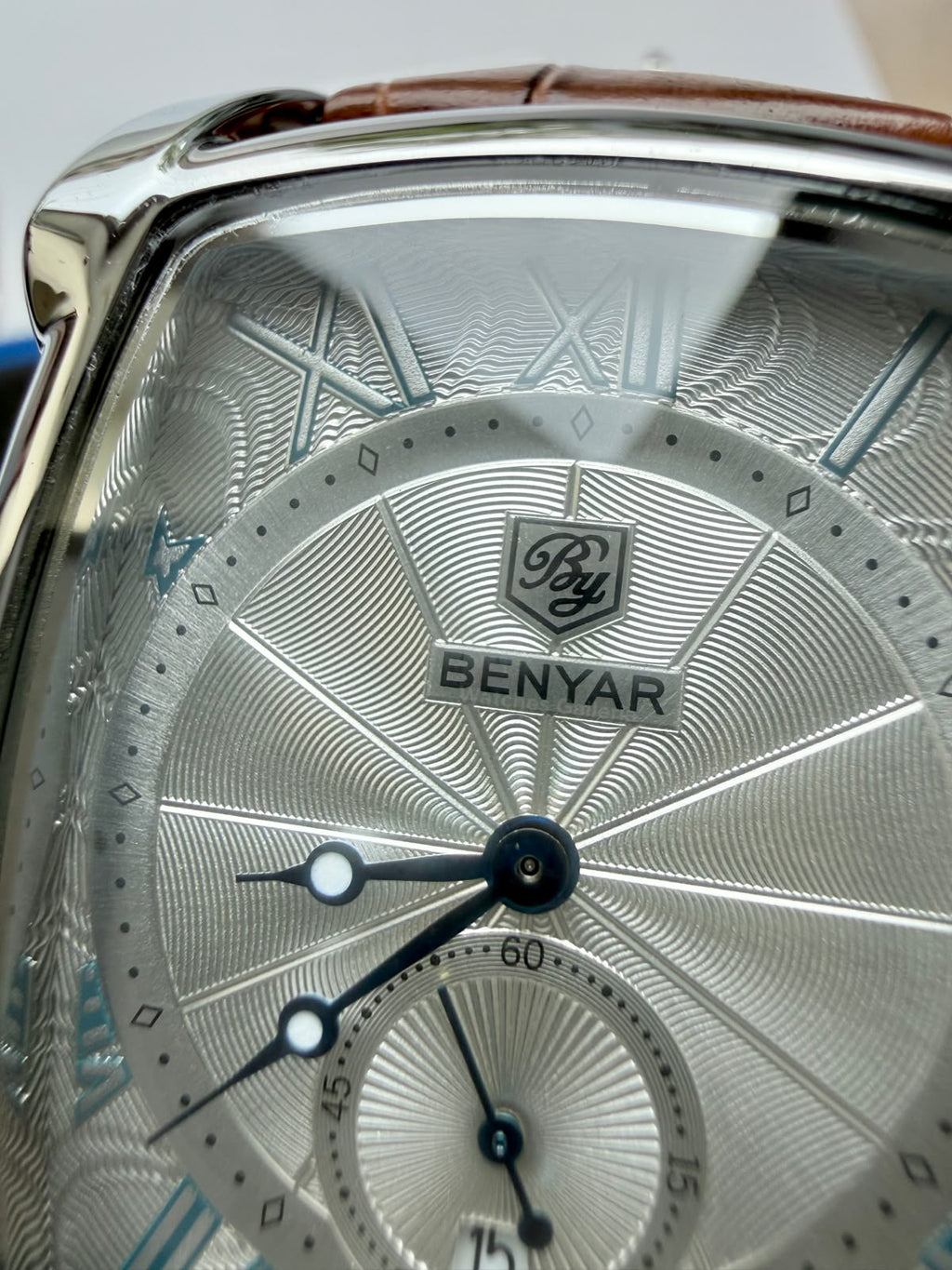 Benyar BY5114 Square Tank Watch in Pakistan – Brown Silver White Elegant Quartz Leather Strap Men’s Dress Watch