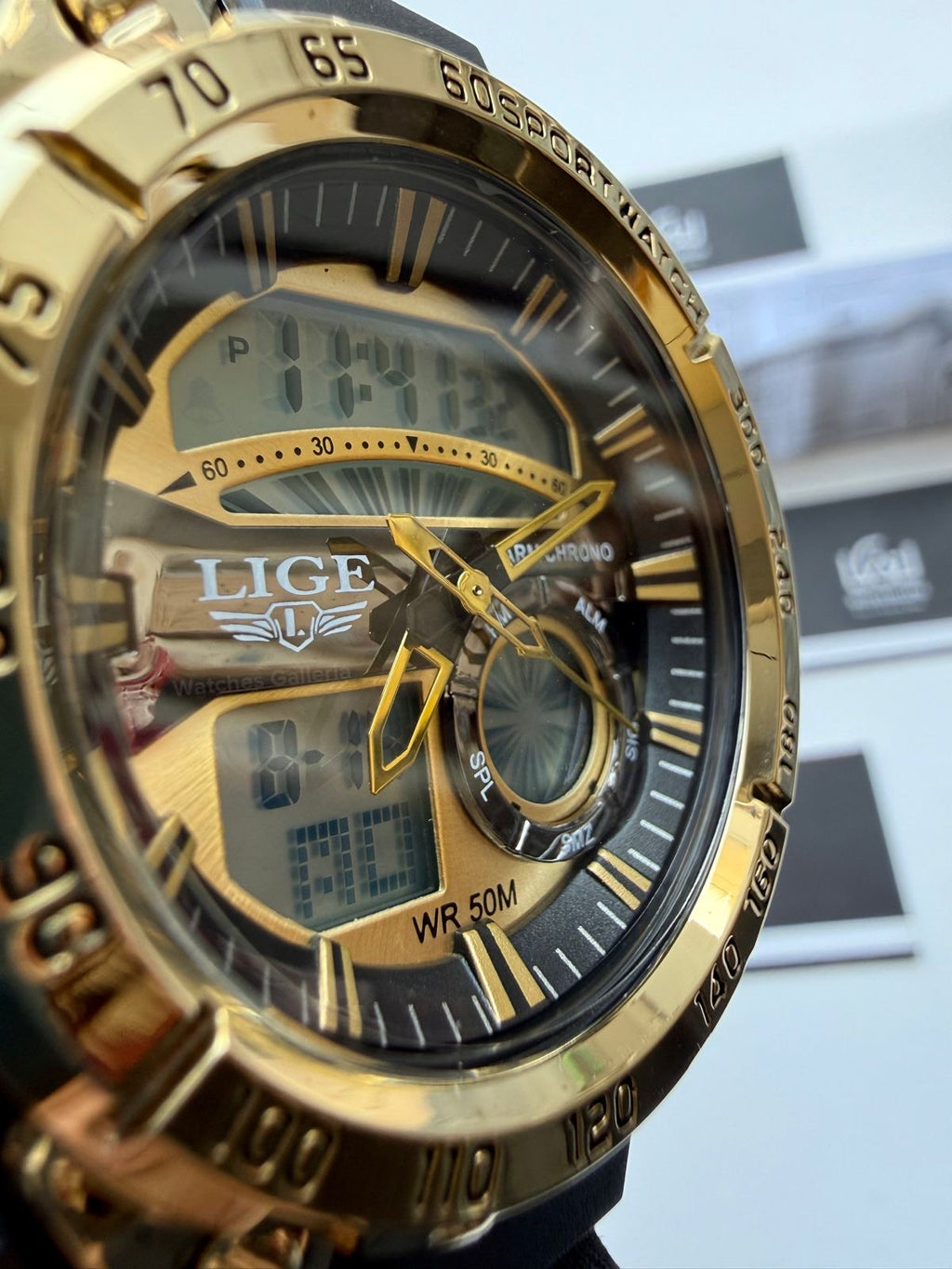 Lige 8922 Sports Watch Gold Black 45mm Dual Display Analog Digital LED Alarm Waterproof 50M Silicone Strap Men’s Watch