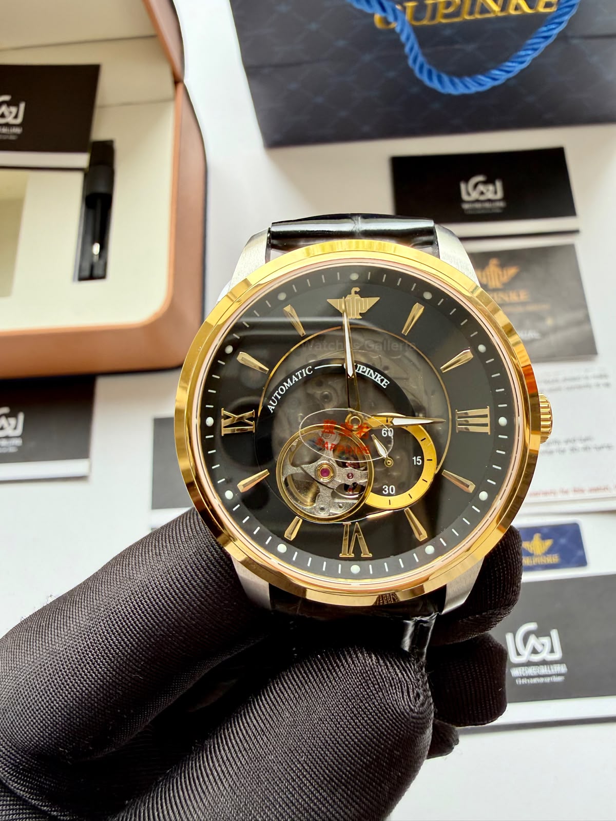 Oupinke G3190 (Black Leather) Open Heart Automatic Watch with Miyota 8215 Japanese Movement, Sapphire Crystal, Luminous Dial & Black Leather Strap