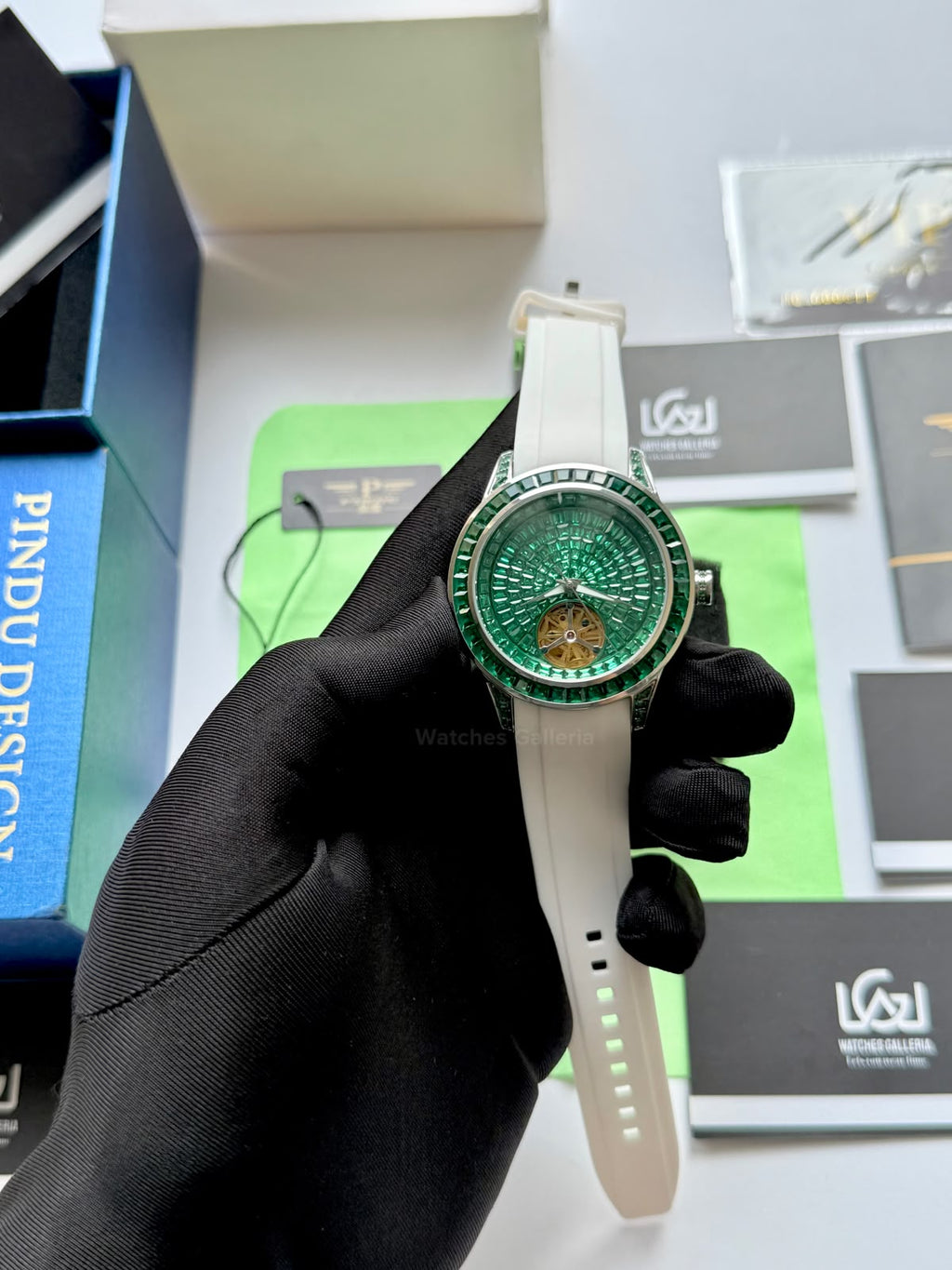 Pindu 5037 White/Green Diamonds Hand Encrusted Diamond Automatic Tourbillon Watch for Men | Luxury Mechanical Watch | 43mm Stainless Steel Case