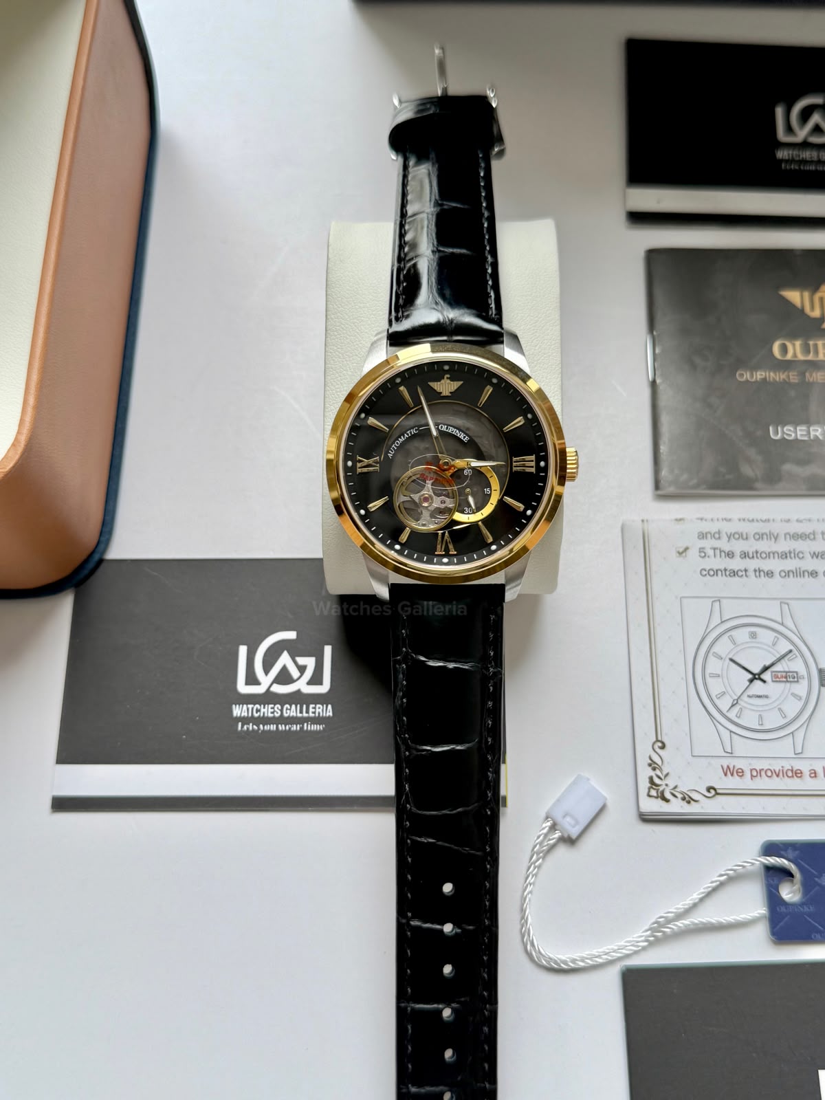 Oupinke G3190 (Black Leather) Open Heart Automatic Watch with Miyota 8215 Japanese Movement, Sapphire Crystal, Luminous Dial & Black Leather Strap