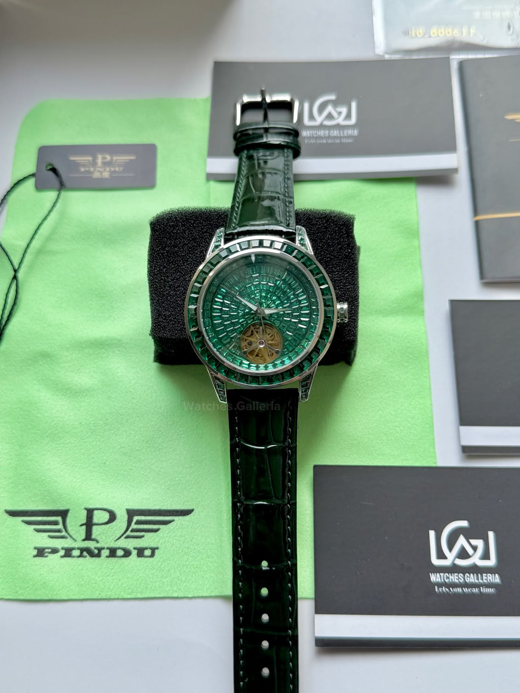 Pindu 5037 Green Diamonds Hand Encrusted Diamond Automatic Tourbillon Watch for Men | Luxury Mechanical Watch | 43mm Stainless Steel Case
