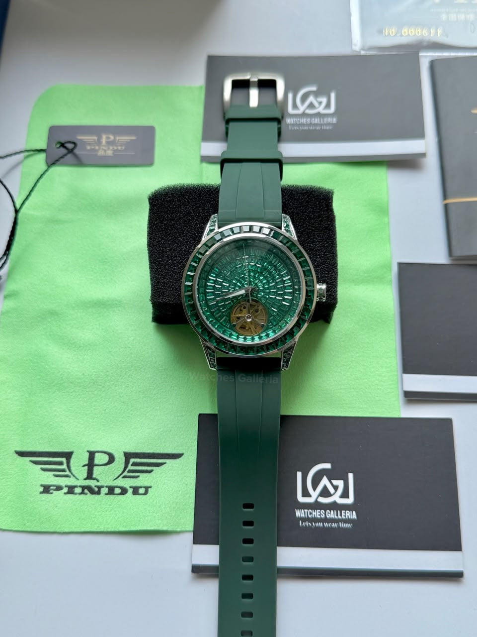 Pindu 5037 Green/Green Silicon LeatherDiamonds Hand Encrusted Diamond Automatic Tourbillon Watch for Men | Luxury Mechanical Watch | 43mm Stainless Steel Case