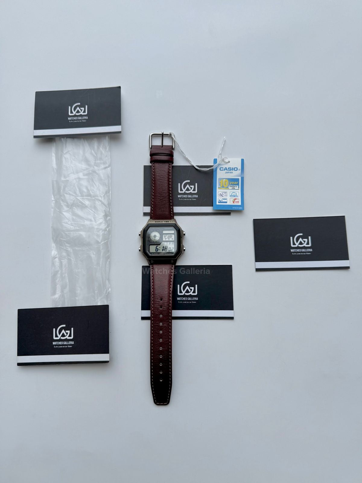Casio AE-1200WHL-5AVDF World Time Digital Watch Brown Leather Strap 100M Water Resistant – 10 Year Battery