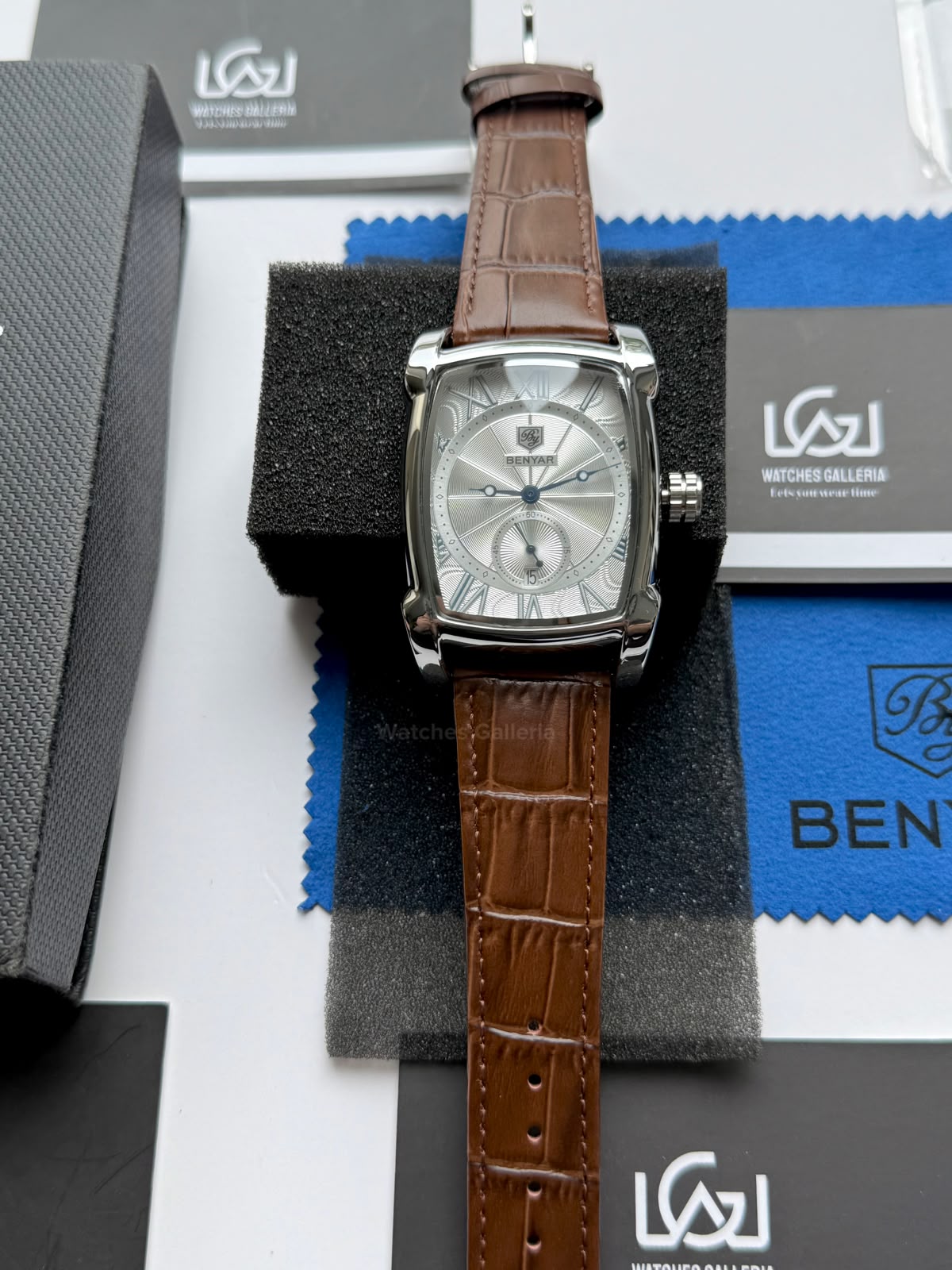 Benyar BY5114 Square Tank Watch in Pakistan – Brown Silver White Elegant Quartz Leather Strap Men’s Dress Watch