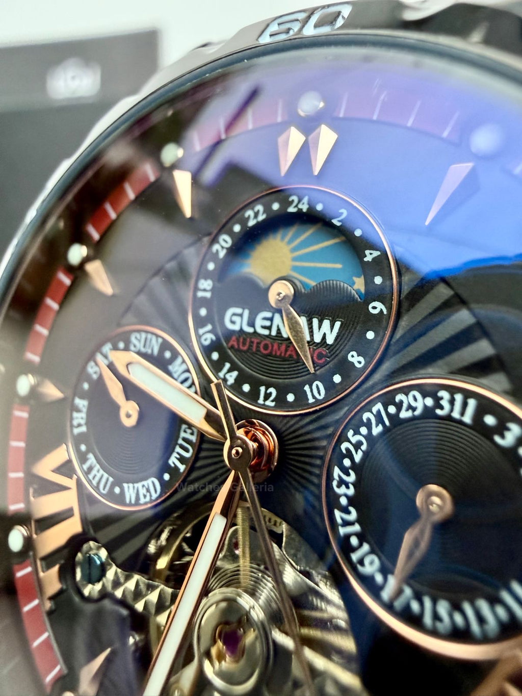 Glenaw GL8919B Moonphase Flywheel Automatic Watch – Black Blue Dial | Luxury Automatic Wristwatch for Men | Glenaw Watches Pakistan