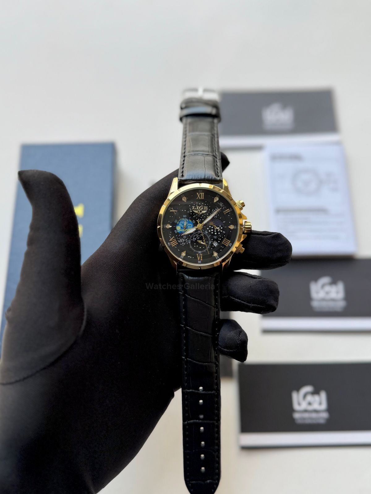 Lige Watch LG89107 Moonphase Chronograph (Black/Gold) Lige Watch in Pakistan