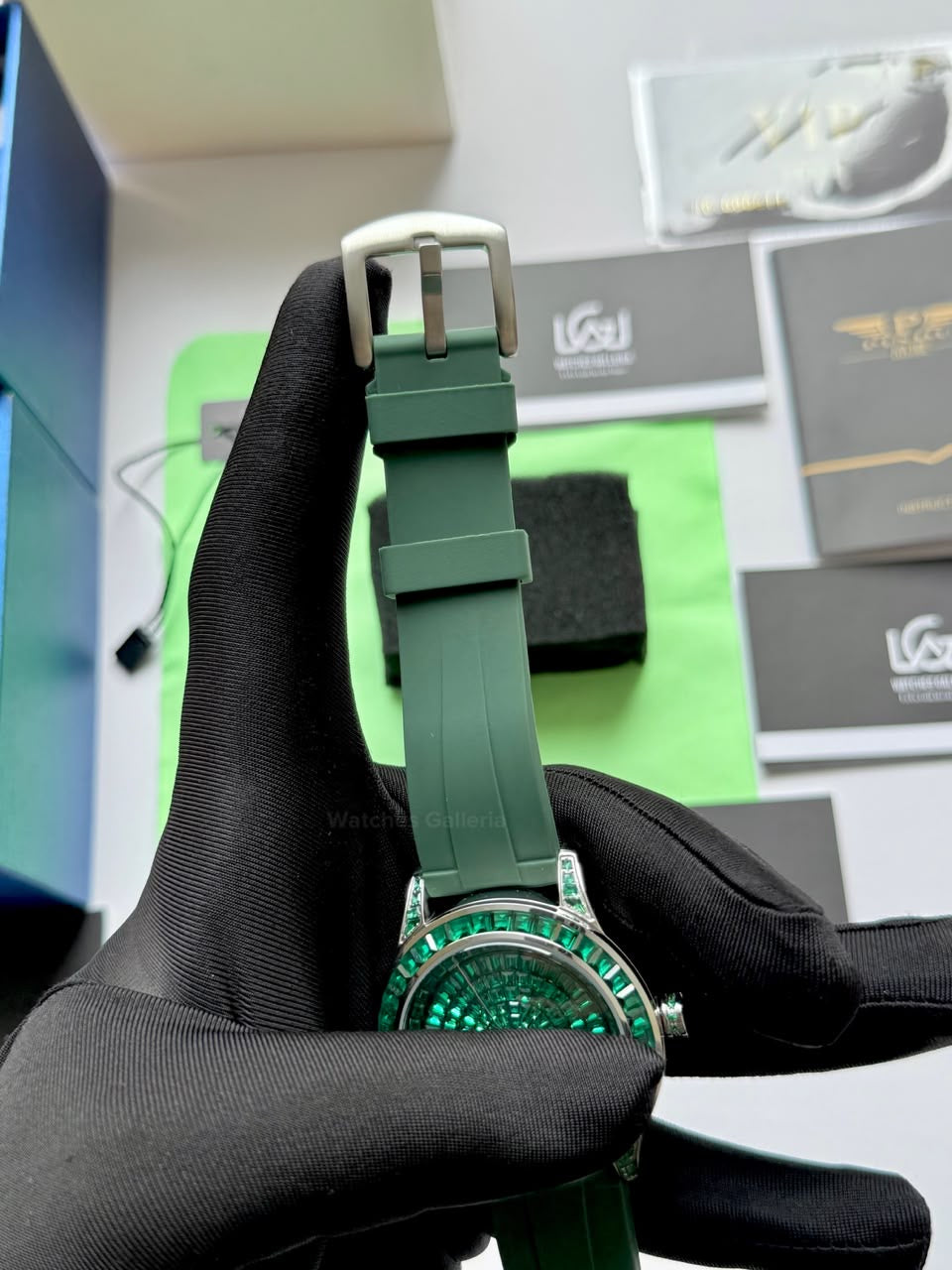 Pindu 5037 Green/Green Silicon LeatherDiamonds Hand Encrusted Diamond Automatic Tourbillon Watch for Men | Luxury Mechanical Watch | 43mm Stainless Steel Case