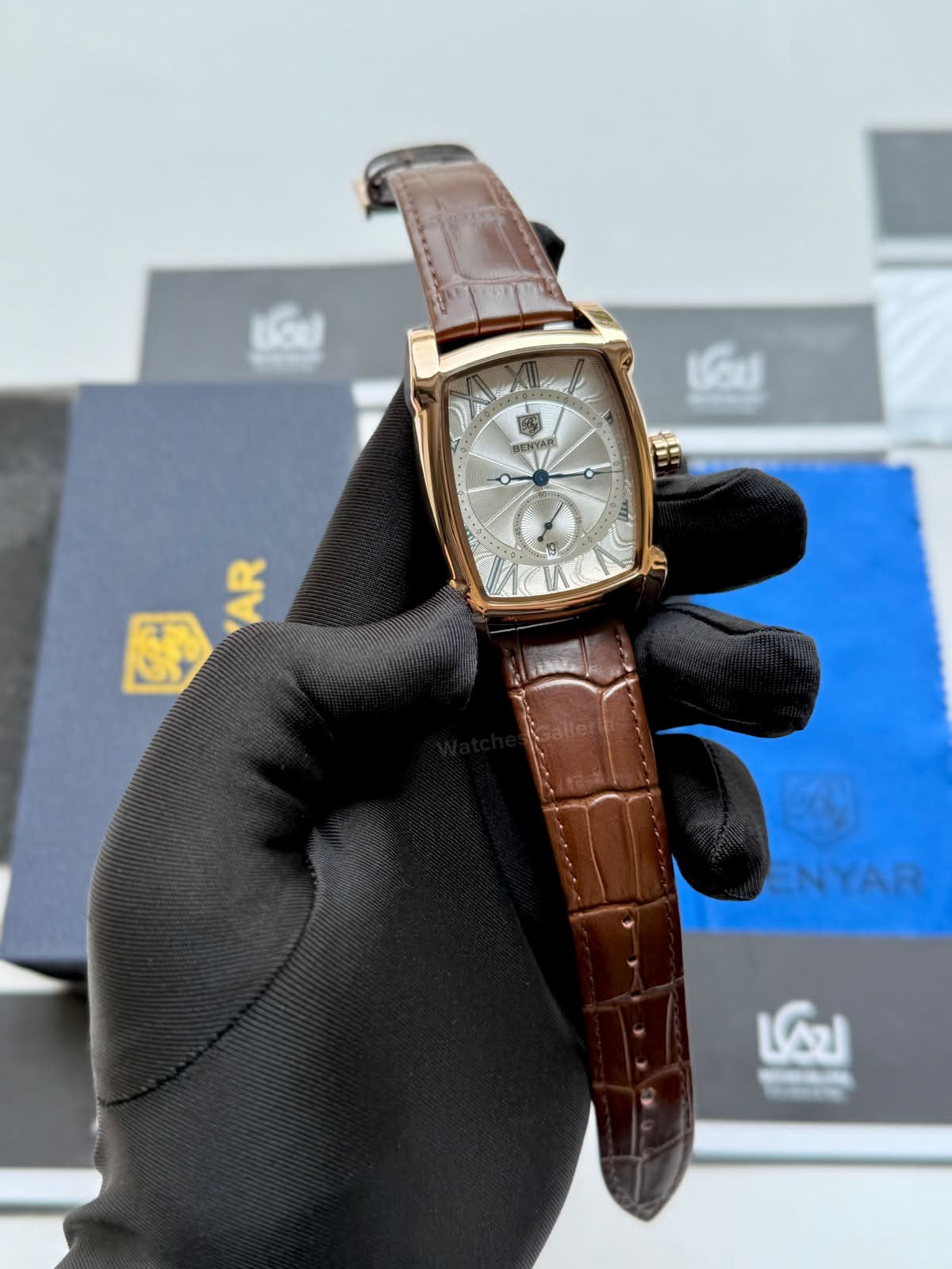 Benyar BY5114 Square Tank Watch in Pakistan – Brown Rose Gold White Elegant Quartz Leather Strap Men’s Dress Watch