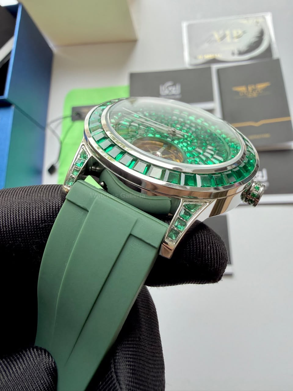 Pindu 5037 Green/Green Silicon LeatherDiamonds Hand Encrusted Diamond Automatic Tourbillon Watch for Men | Luxury Mechanical Watch | 43mm Stainless Steel Case