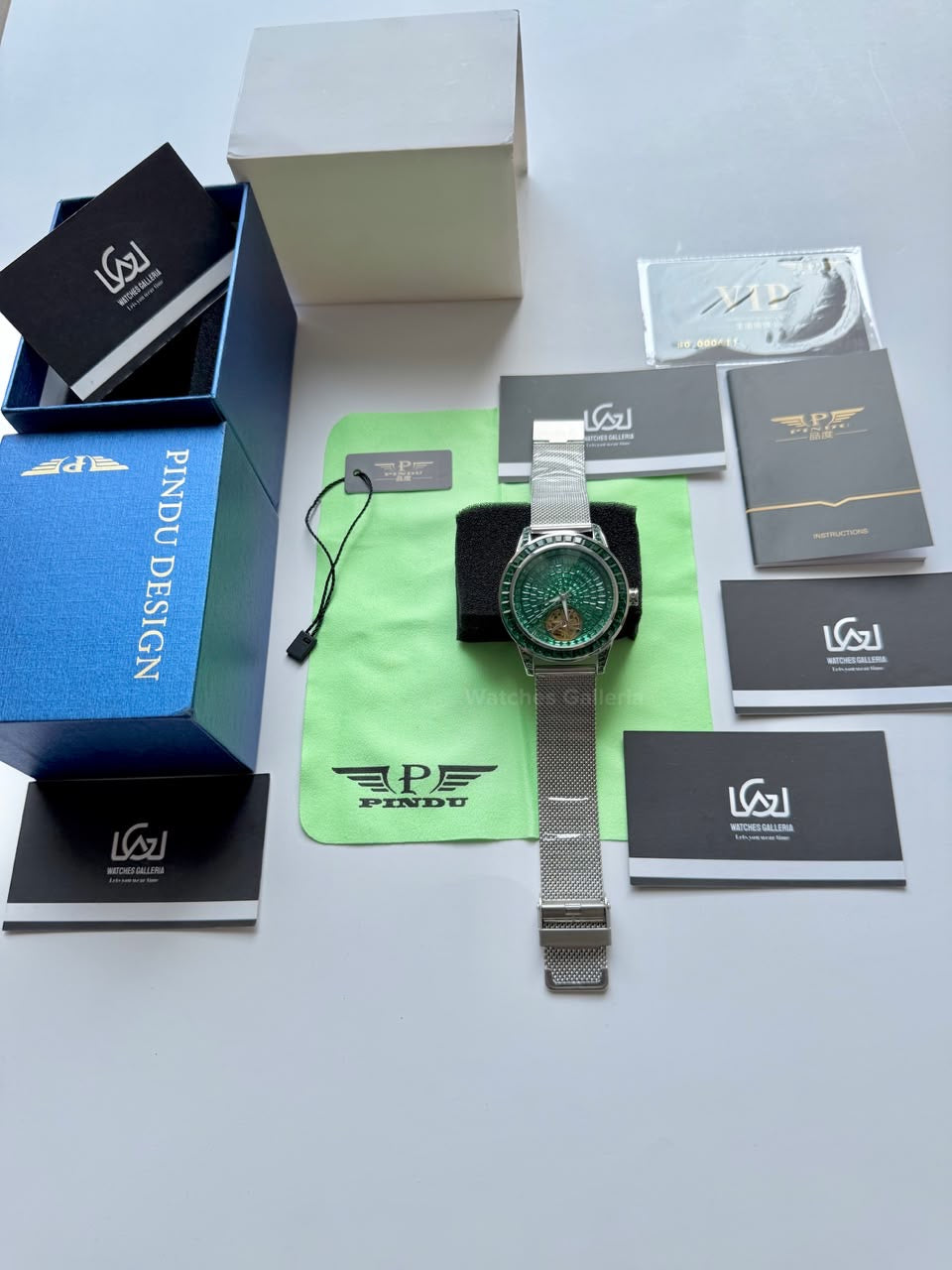 Pindu 5037 Green/Mesh Strap LeatherDiamonds Hand Encrusted Diamond Automatic Tourbillon Watch for Men | Luxury Mechanical Watch | 43mm Stainless Steel Case