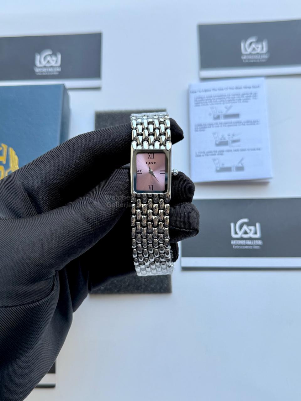 Lige 89156 Tank Women Watch Quartz (Silver/Pink) Lige Women Watch