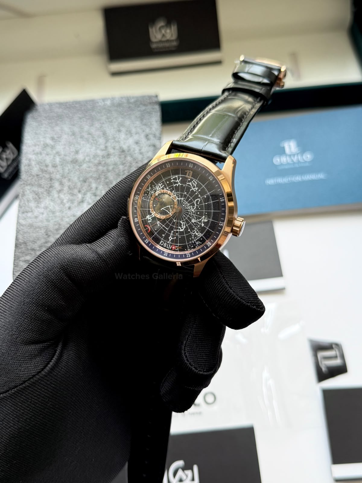 OBLVLO GC (Black Rose Gold Blue) Grand Complications Celestial Automatic Watch Brown & Black Dial with Rose Gold Details, Moving Constellation & Earth Display – OBLVLOGC