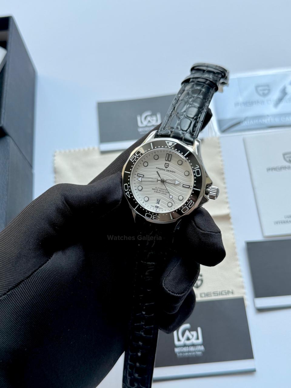 Pagani Design PD1685 Black Leather Strap Seamaster Diver White Automatic Watch – 200M Sapphire Crystal NH35A/Miyota Luxury Dive Watch in Pakistan | Watches Galleria