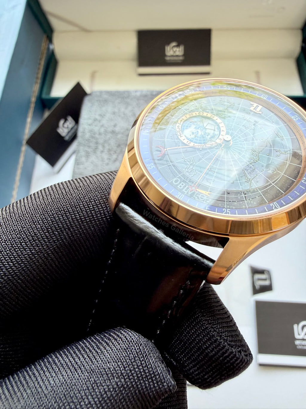 OBLVLO GC (Black Rose Gold Blue) Grand Complications Celestial Automatic Watch Brown & Black Dial with Rose Gold Details, Moving Constellation & Earth Display – OBLVLOGC
