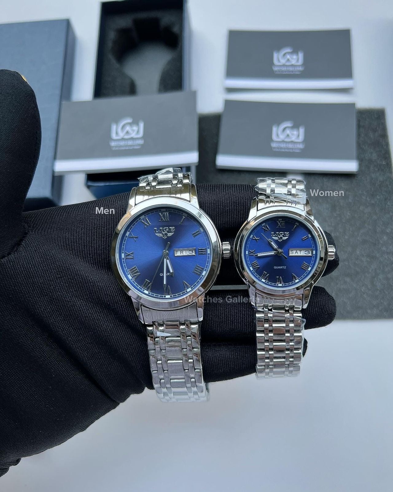 Lige Date Day Couple Watch (Silver/Blue) Lige9846 Lige10007
