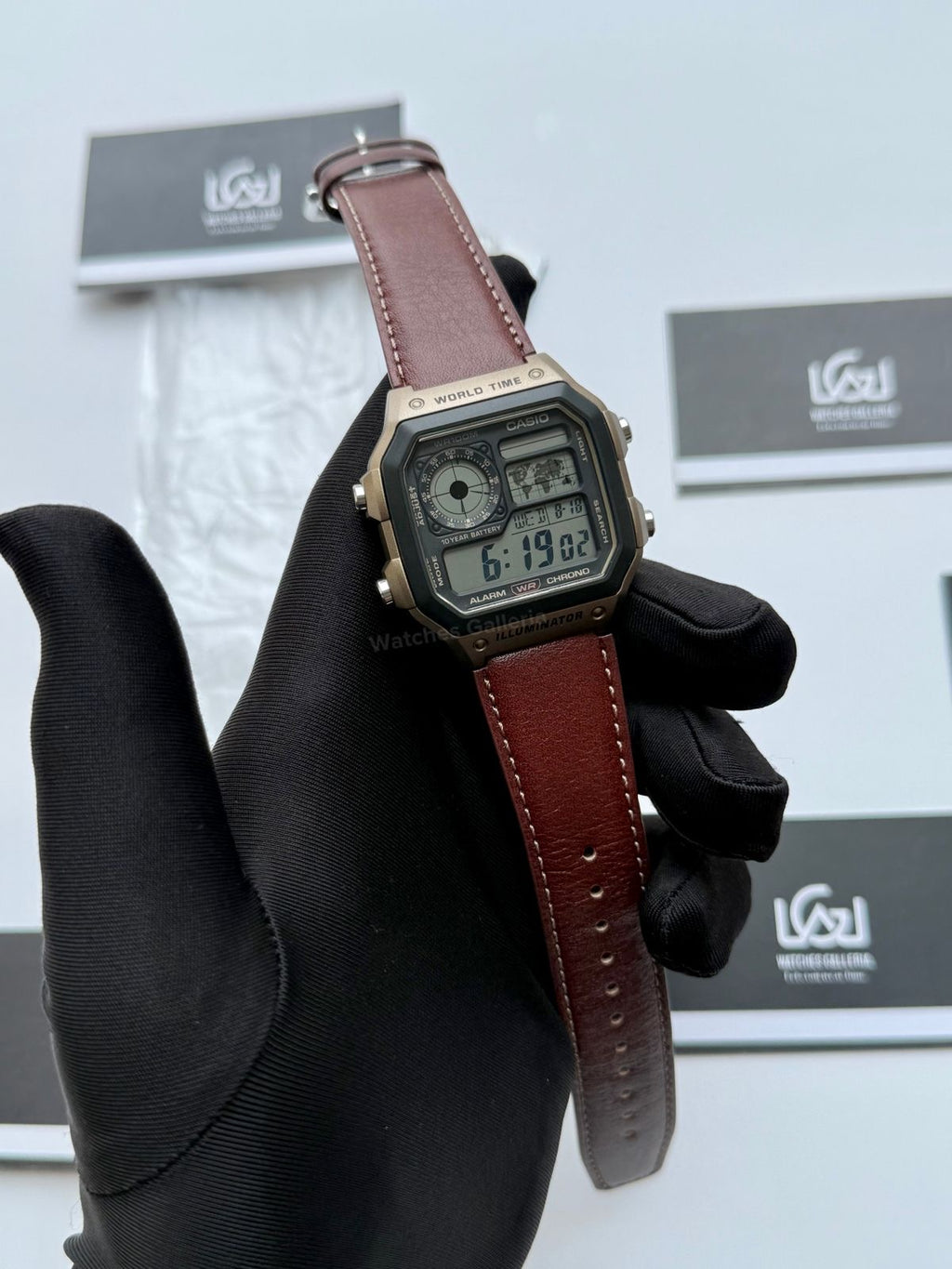 Casio AE-1200WHL-5AVDF World Time Digital Watch Brown Leather Strap 100M Water Resistant – 10 Year Battery