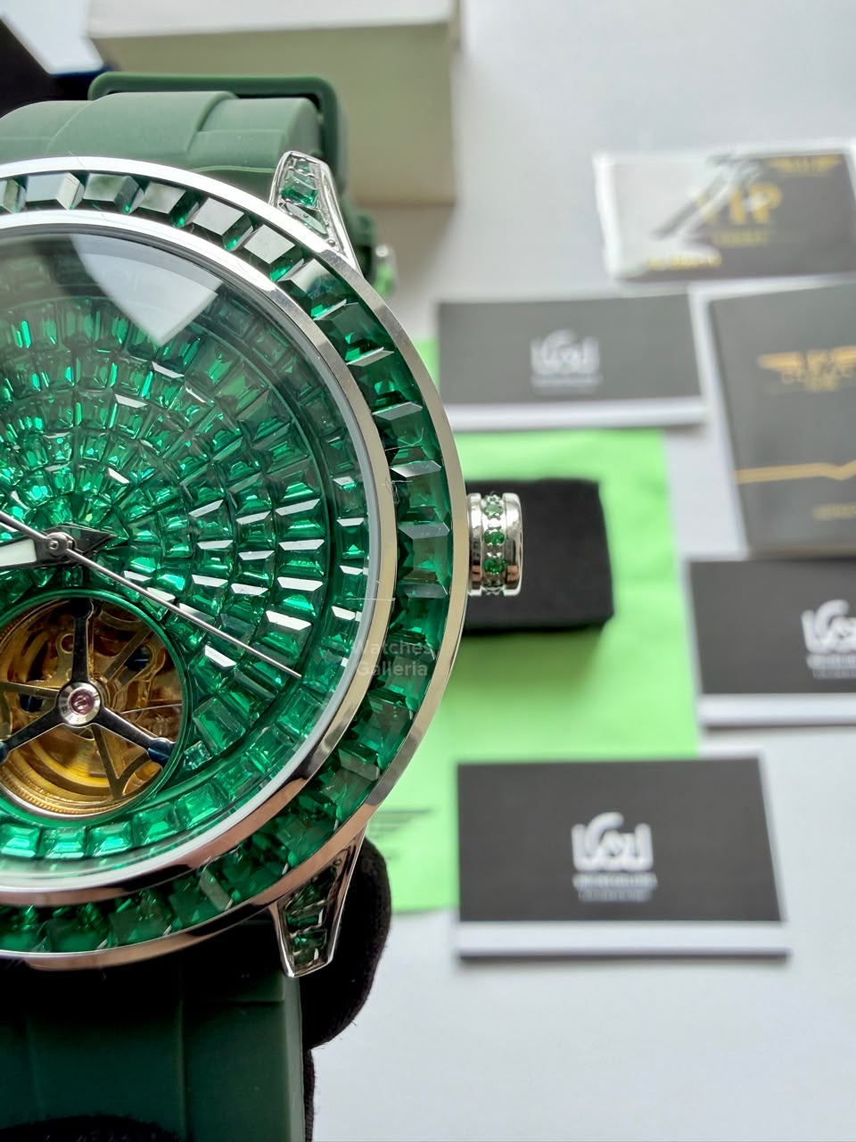 Pindu 5037 Green/Green Silicon LeatherDiamonds Hand Encrusted Diamond Automatic Tourbillon Watch for Men | Luxury Mechanical Watch | 43mm Stainless Steel Case