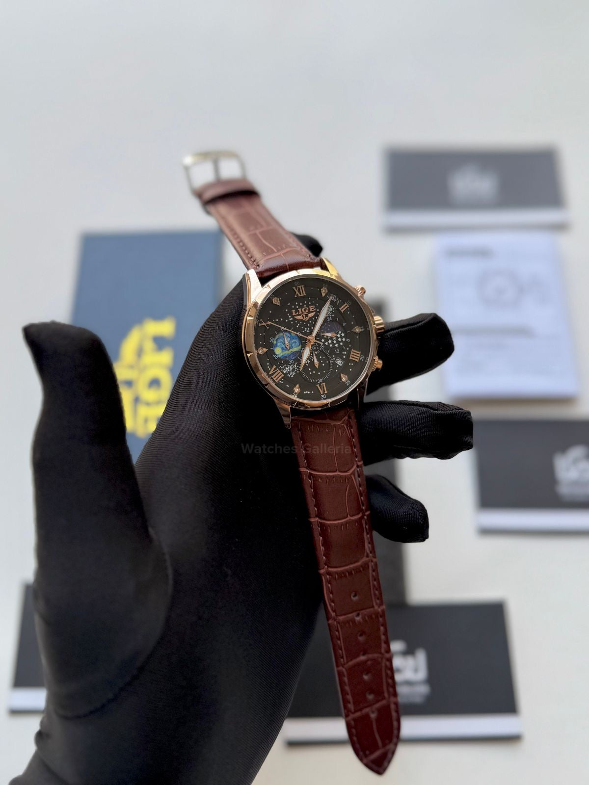 Lige Watch LG89107 Moonphase Chronograph (Brown/Black/Gold) Lige Watch in Pakistan