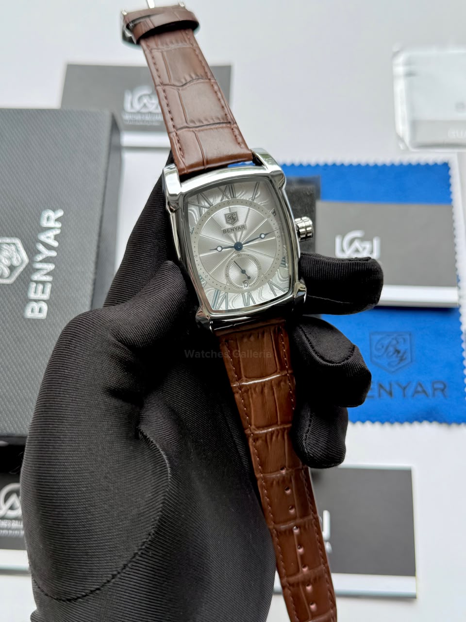 Benyar BY5114 Square Tank Watch in Pakistan – Brown Silver White Elegant Quartz Leather Strap Men’s Dress Watch