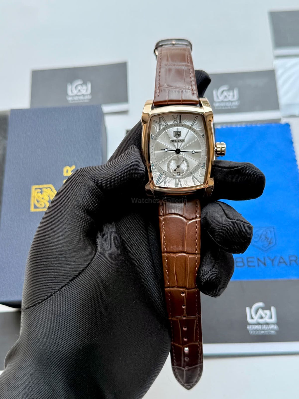 Benyar BY5114 Square Tank Watch in Pakistan – Brown Rose Gold White Elegant Quartz Leather Strap Men’s Dress Watch