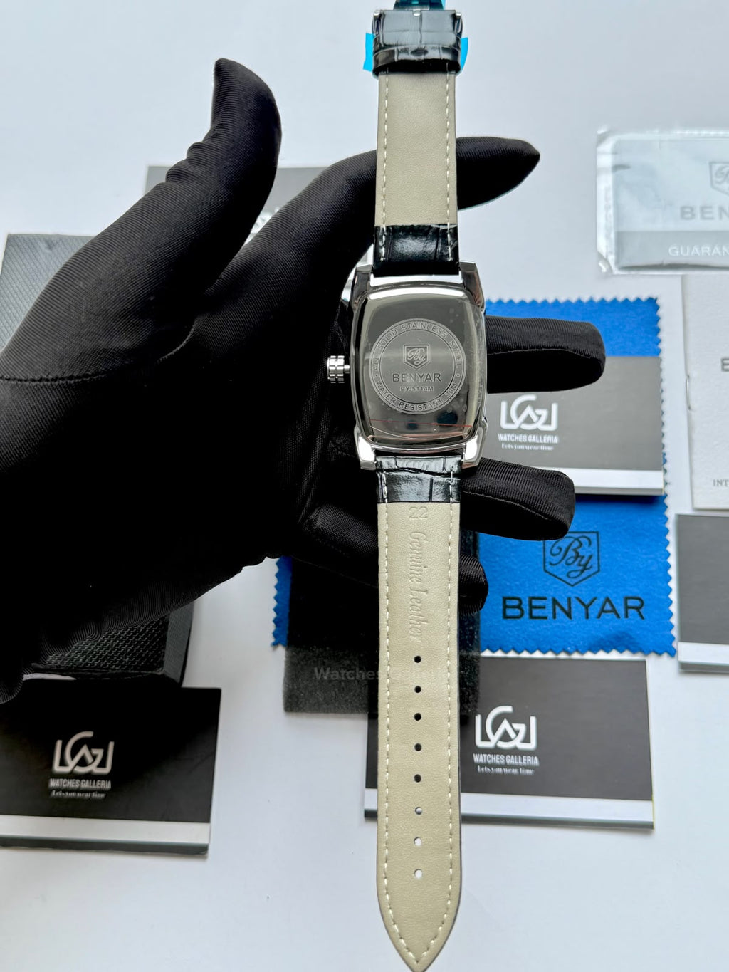 Benyar BY5114 Square Tank Watch Silver Black Roman Numeral Dial Master Lock Quartz Date Calendar Leather Strap