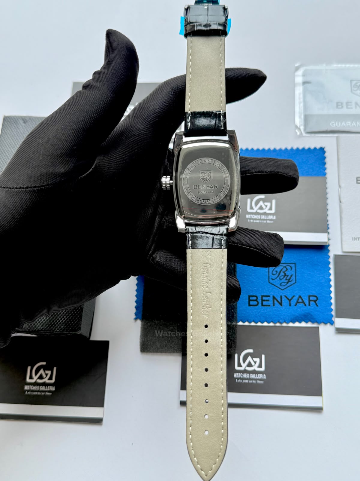 Benyar BY5114 Square Tank Watch Silver Black Roman Numeral Dial Master Lock Quartz Date Calendar Leather Strap