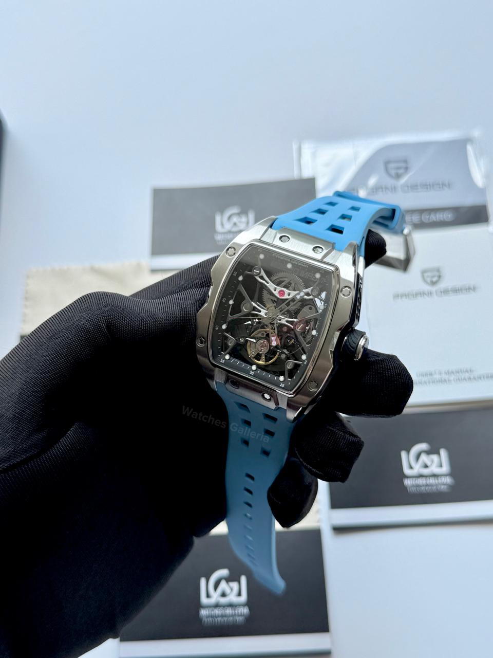 Pagani Design PDYS018 Ice Blue Tonneau Skeleton Silver Ice Blue Automatic Watch | Sapphire Crystal | SX5021 Movement | 50M Waterproof | Pakistan