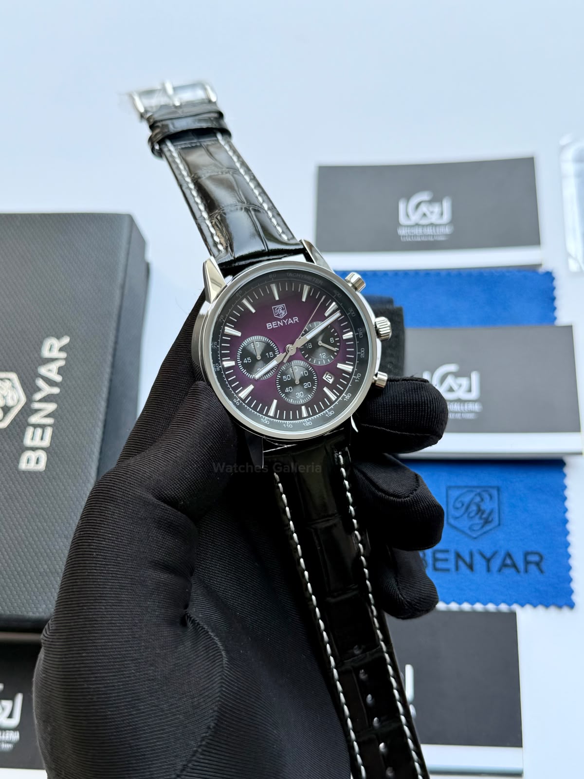 Benyar BY5213 Black Purple Men’s Luxury Quartz Leather Strap Watch – Waterproof Stainless Steel Analog Wrist Watch with Luminous Hands | Original Benyar Pakistan | Watches Galleria