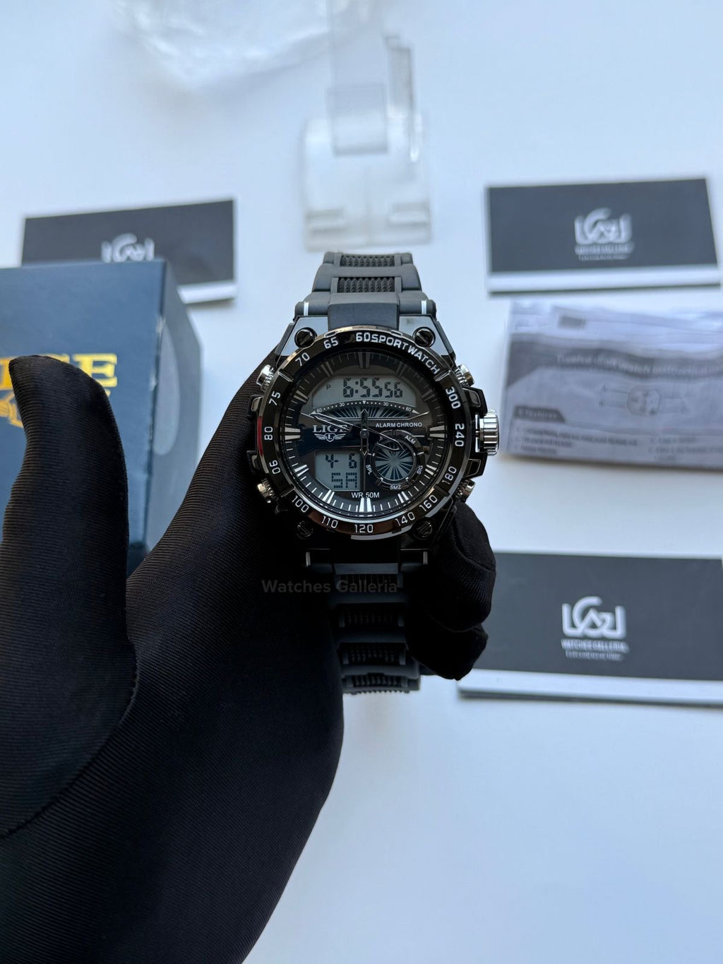 Lige 8922 Sports Watch Black 45mm Dual Display Analog Digital LED Alarm Waterproof 50M Silicone Strap Men’s Watch