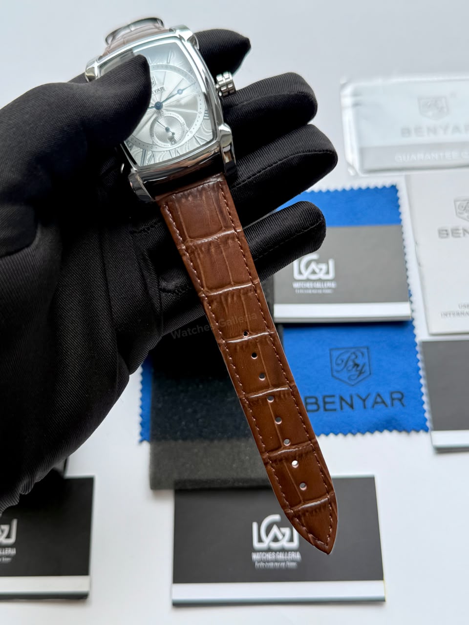 Benyar BY5114 Square Tank Watch in Pakistan – Brown Silver White Elegant Quartz Leather Strap Men’s Dress Watch