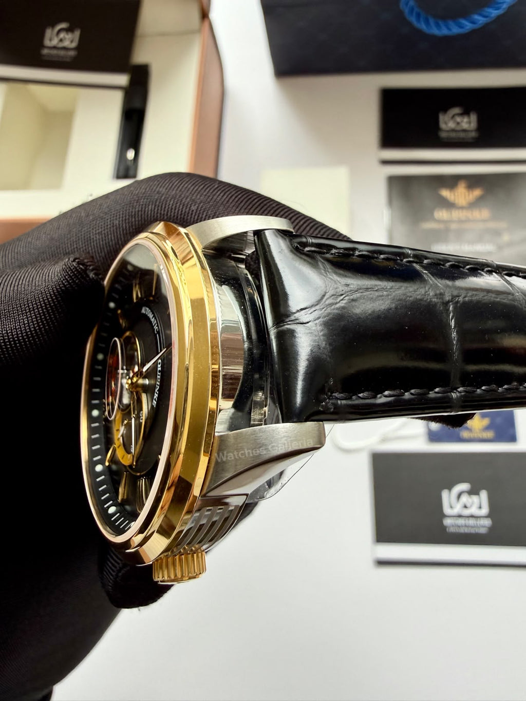 Oupinke G3190 (Black Leather) Open Heart Automatic Watch with Miyota 8215 Japanese Movement, Sapphire Crystal, Luminous Dial & Black Leather Strap