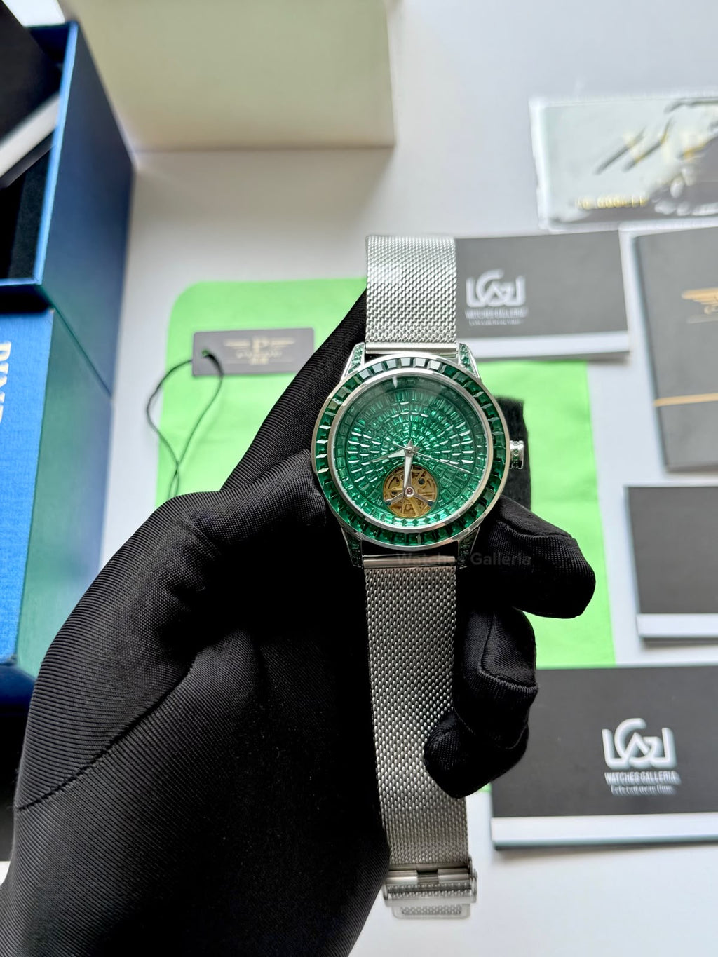 Pindu 5037 Green/Mesh Strap LeatherDiamonds Hand Encrusted Diamond Automatic Tourbillon Watch for Men | Luxury Mechanical Watch | 43mm Stainless Steel Case