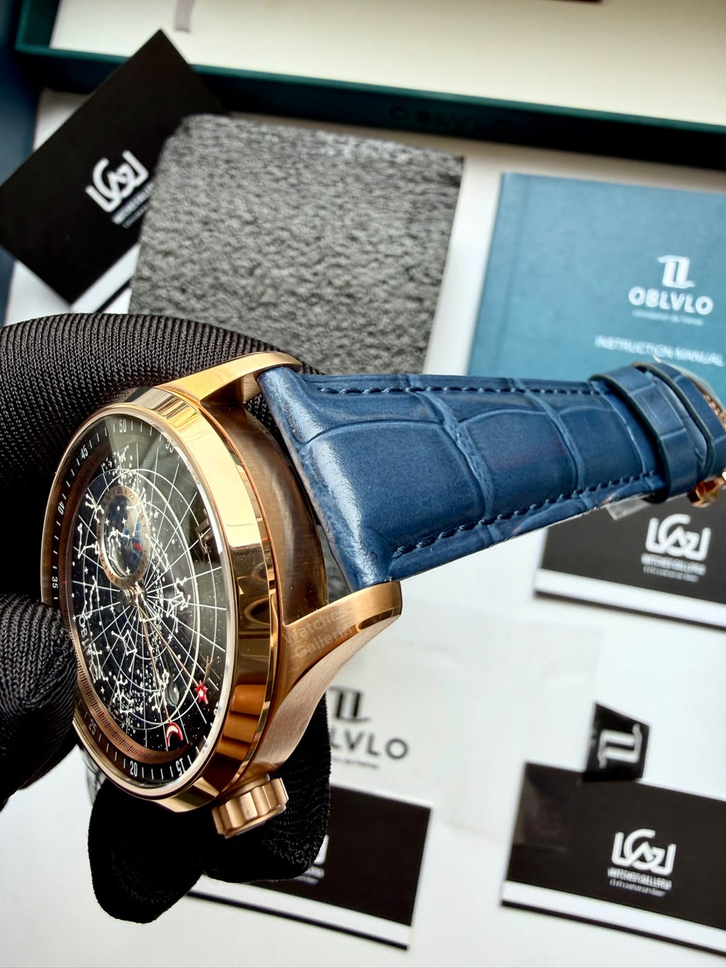 OBLVLO GC (Blue Rose Gold Black) Grand Complications Celestial Automatic Watch Brown & Black Dial with Rose Gold Details, Moving Constellation & Earth Display – OBLVLOGC | Oblvlo