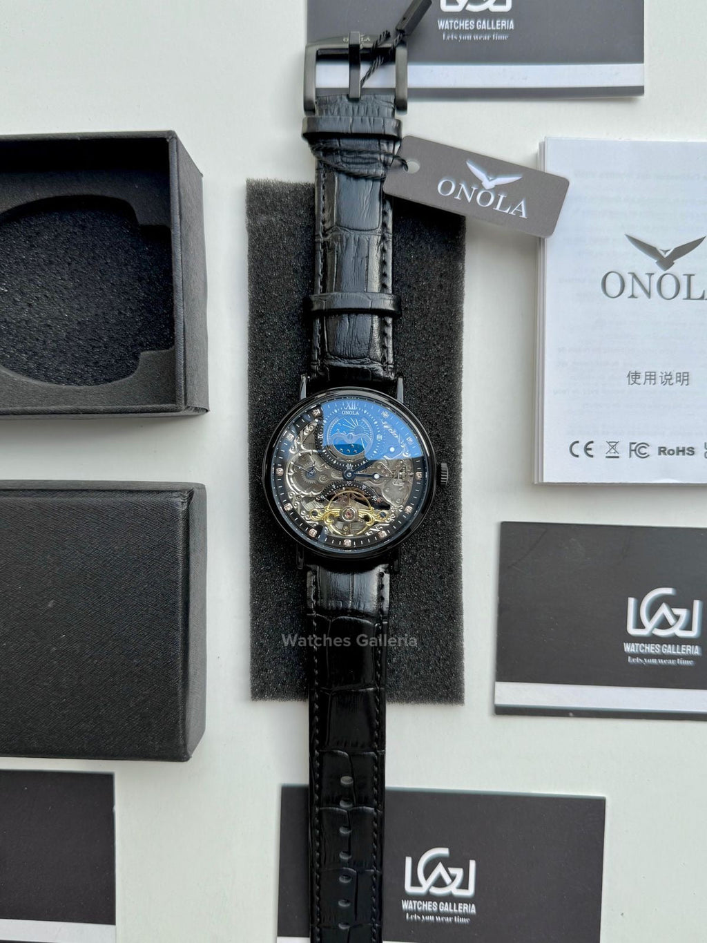 Onola Moonphase Flywheel Skeleton Watch Automatic (Black) ON6836 Watches Galleria