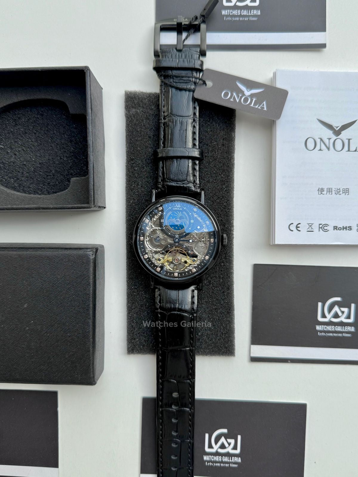 Onola Moonphase Flywheel Skeleton Watch Automatic (Black) ON6836 Watches Galleria