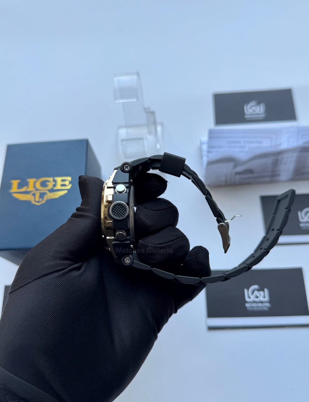 Lige 8922 Sports Watch Gold Black 45mm Dual Display Analog Digital LED Alarm Waterproof 50M Silicone Strap Men’s Watch