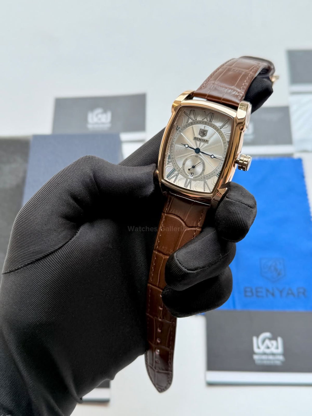Benyar BY5114 Square Tank Watch in Pakistan – Brown Rose Gold White Elegant Quartz Leather Strap Men’s Dress Watch