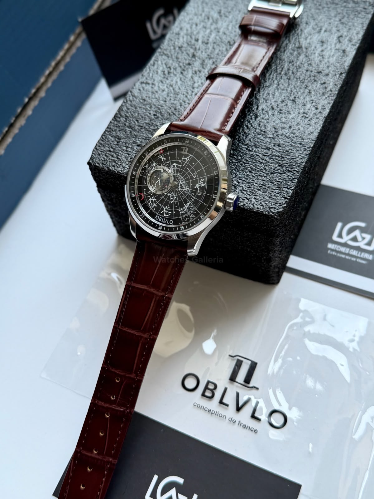 OBLVLO GC (Brown Silver Black) Grand Complications Celestial Automatic Watch Brown & Black Dial with Rose Gold Details, Moving Constellation & Earth Display – OBLVLOGC | Oblvlo