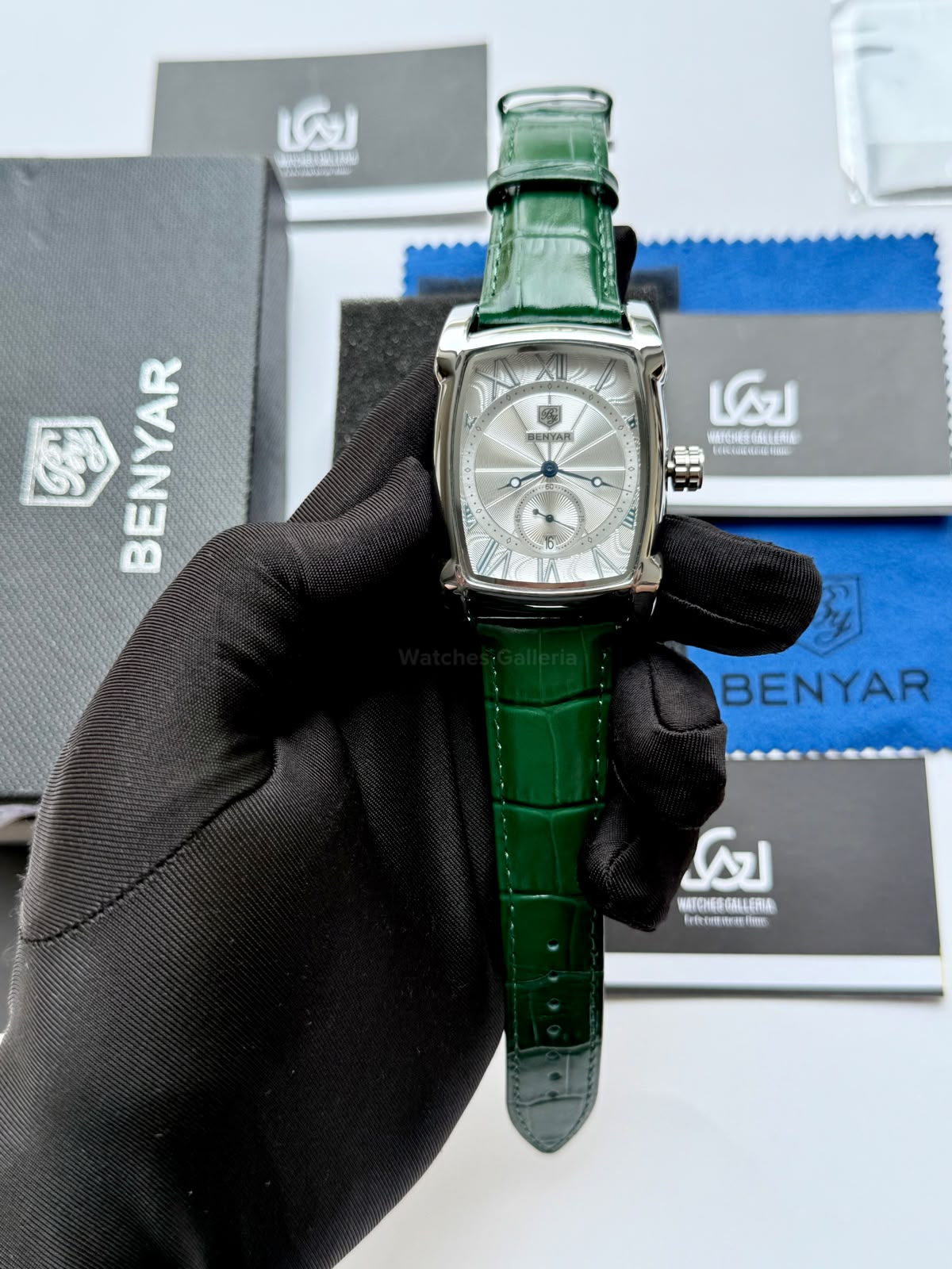 Benyar BY5114 Square Tank Watch | Green Silver White | Roman Numeral Dial Master Lock Quartz Date Calendar Leather Strap