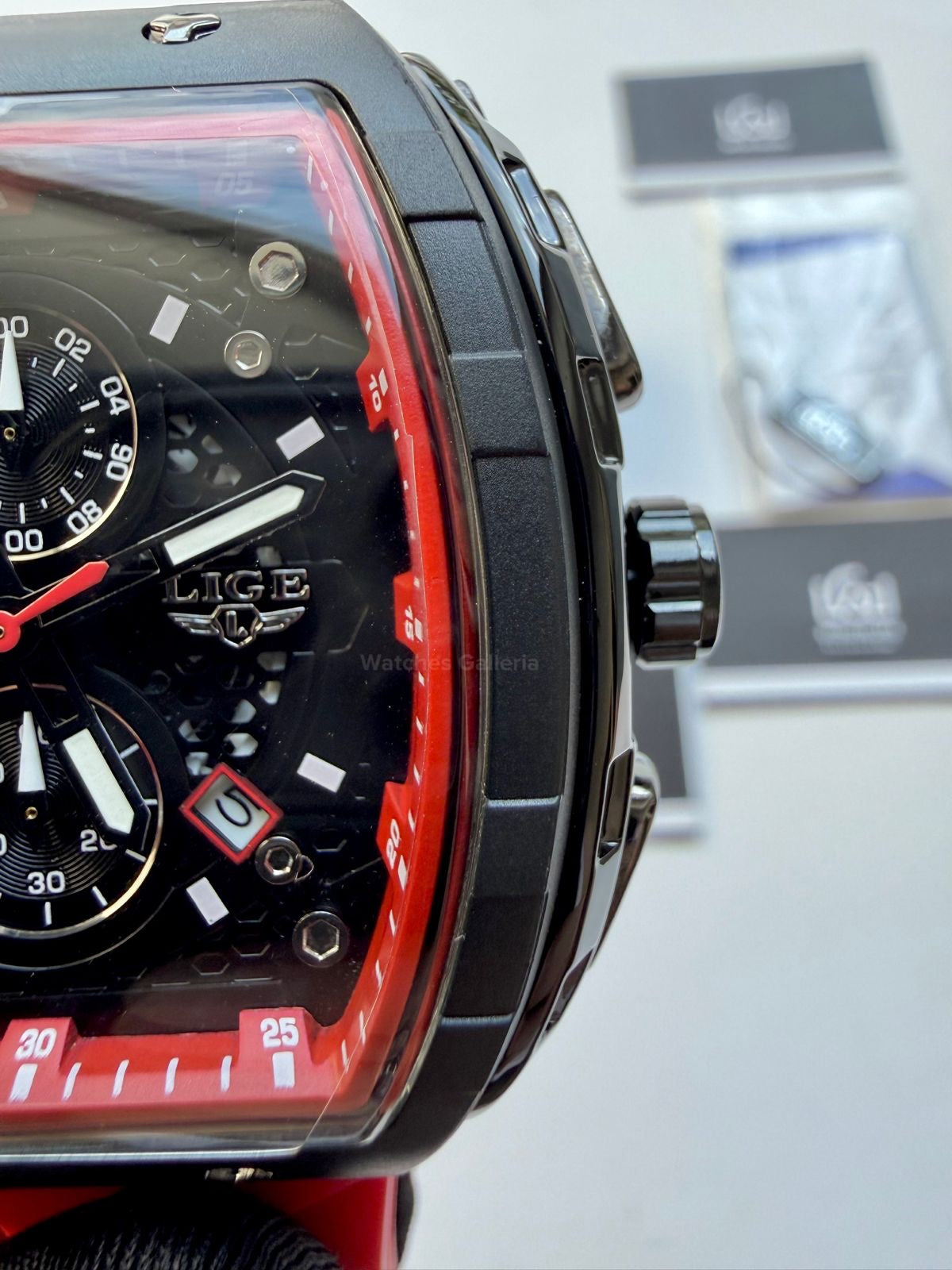 LIGE LG89148 Red Tonneau Chronograph Watch in Pakistan – Luxury Men’s Quartz Watch with Silicon Strap