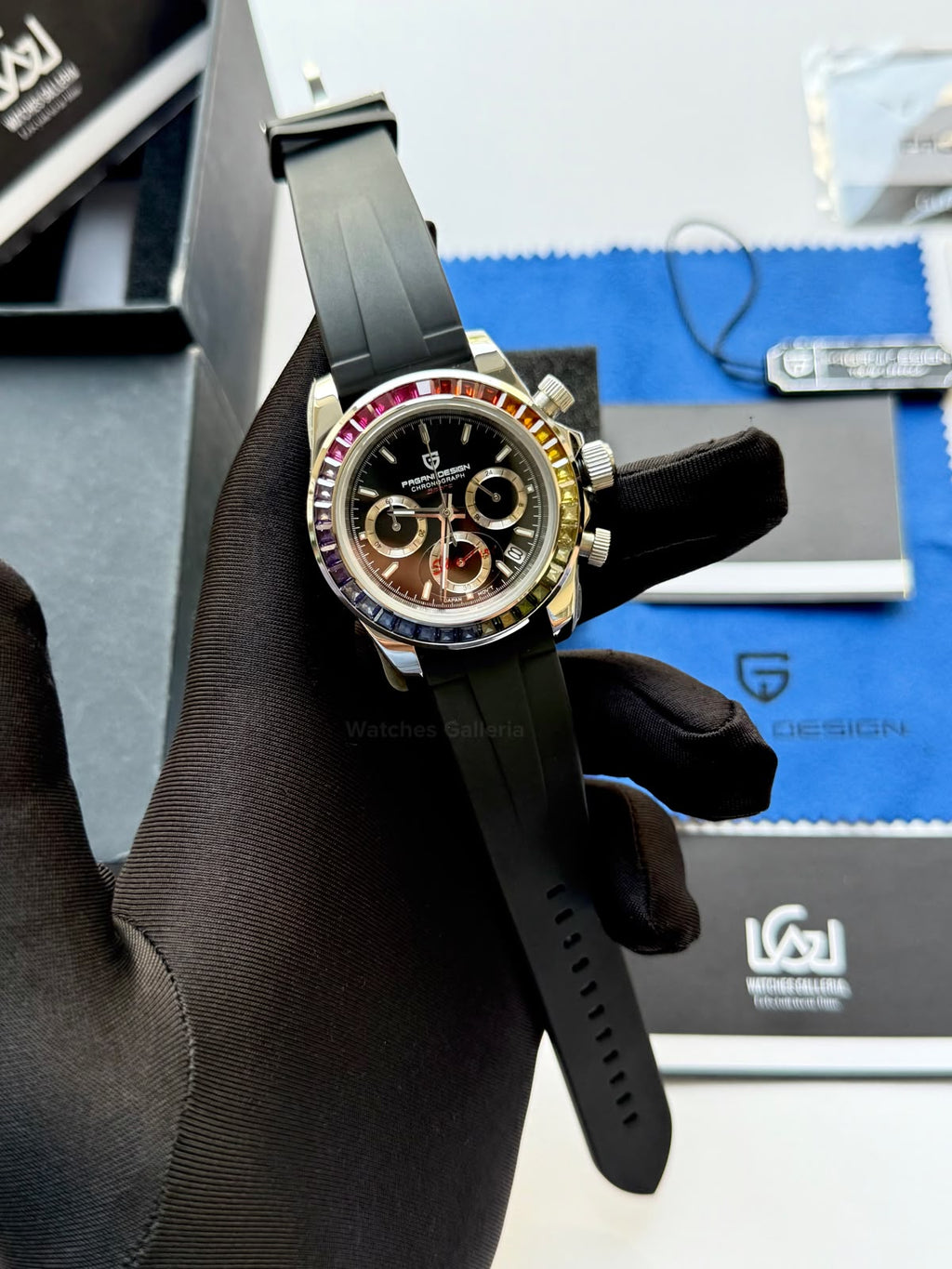 Pagani Design PD1644 Daytona Rainbow Jubilee Limited Edition Chronograph Watch PD1644LE | 40mm Sapphire Crystal, Seiko VK63 Quartz, Complete Calendar & Rainbow Stones Bezel